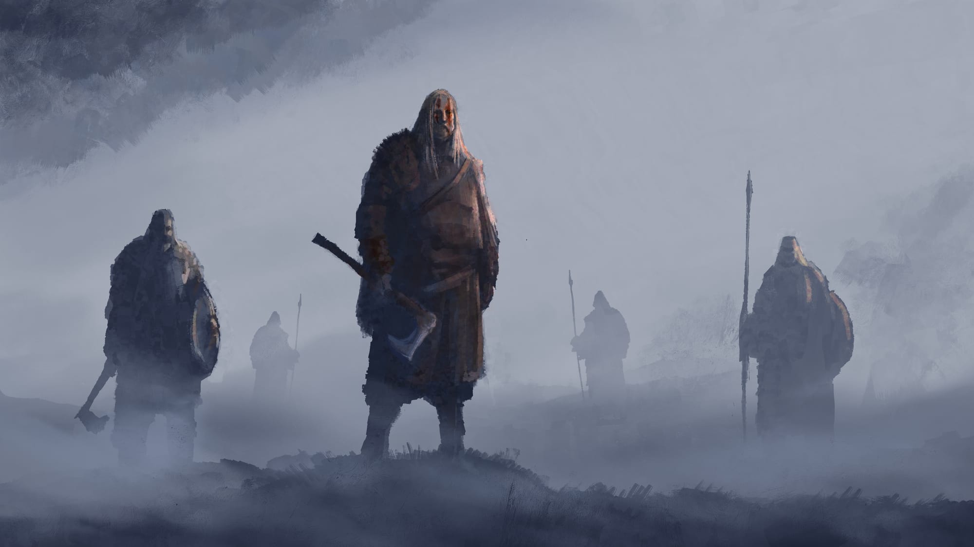 Several warriors standing in a mist shrouded landscape.