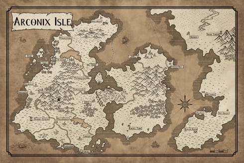 Map of Arconix Isle with towns and monuments.