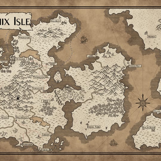 Map of Arconix Isle with towns and monuments.